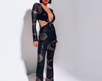Mono con lentejuelas estilo discoteca Studio 54, mono con cortes para festivales, mono retro inspirado en los años 70, disfraz de vaquera con lentejuelas para fiestas rave y festivales