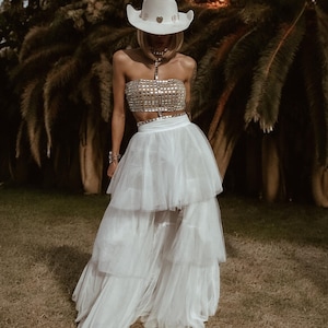 White Tulle Skirt Women Bridal Tutu Western Maxi Skirt Bachelorette Party Outfit