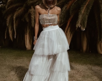 White Tulle Skirt Women Bridal Tutu Western Maxi Skirt Bachelorette Party Outfit