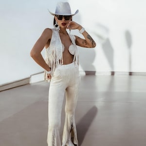 Rhinestone Fringe Western Flare Suede Pants, Chaps Fringe Bell Bottom Pants, Festival Pants, Country Western Cowgirl Outfit