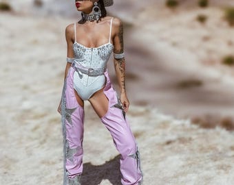 Pink Sequin Star Chaps: Faux Leather Fringe Festival Pants