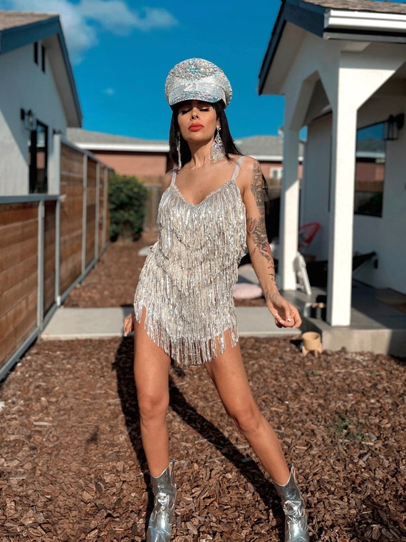 Silver Sequin Fringe Mini Dress Space Cowboy Cowgirl Outfit Bachelorette  Party Outfit Festival Outfit Concert Dress 