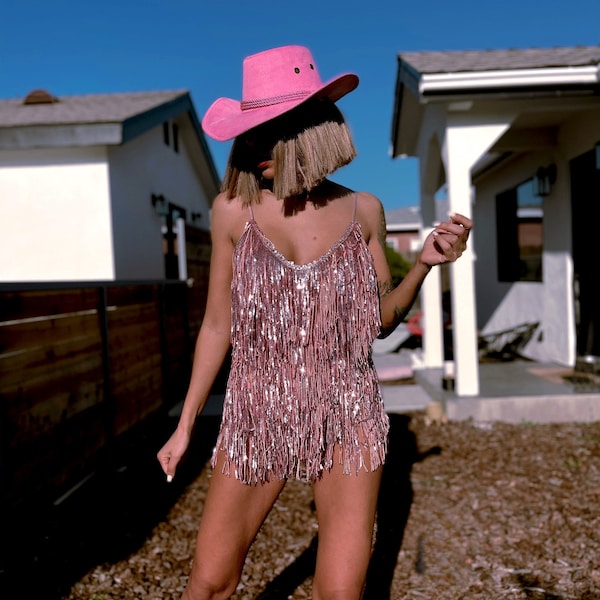 Western Pink Sequin Fringe Bodysuit Space Cowboy Cheeky Sequin Fringe  Cowgirl  Outfit Bachelorette Party Outfit Festival Outfit