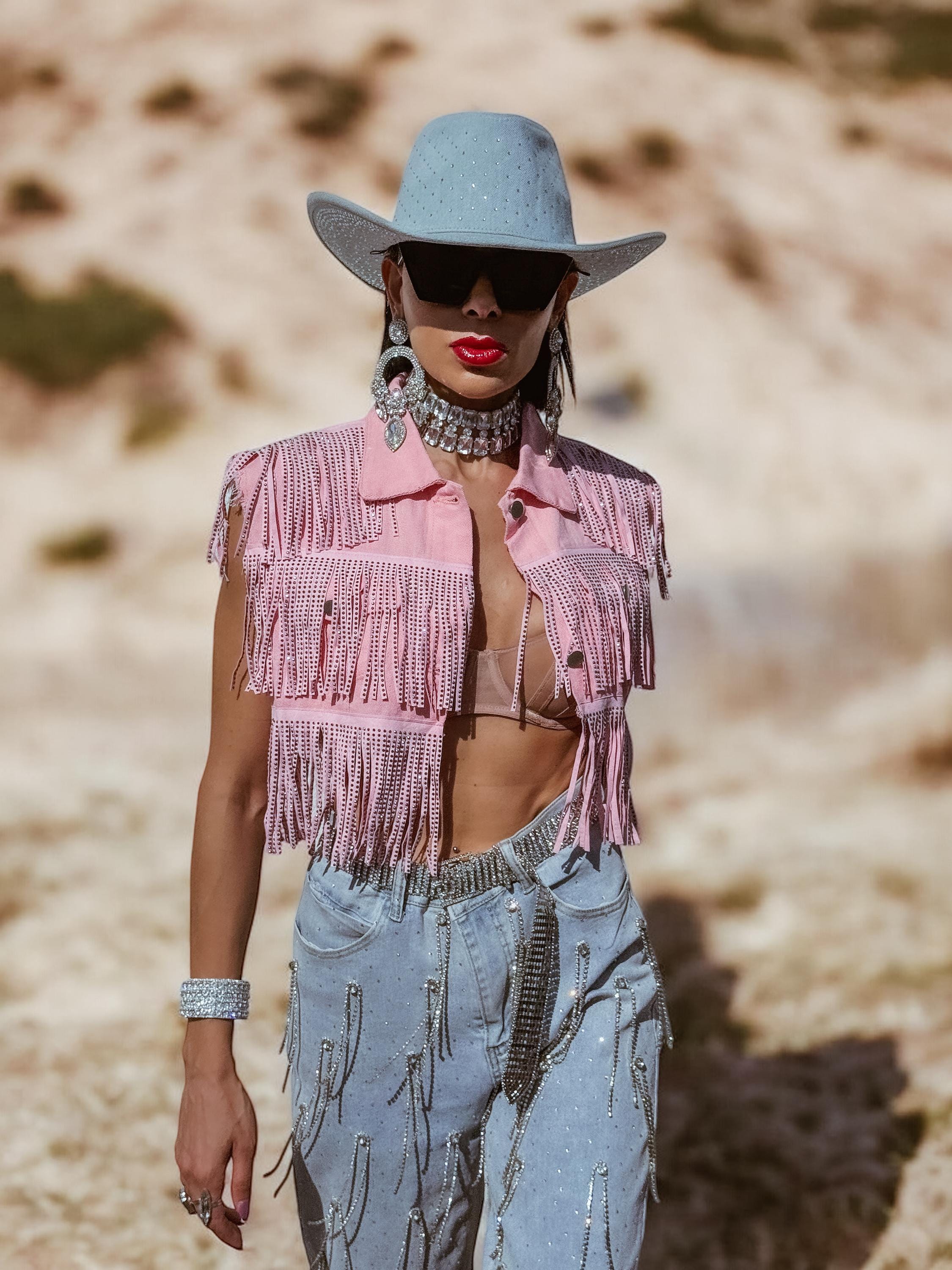 Rhinestone Fringe Pink Denim Jacket - Etsy