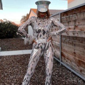 Silver Disco Jumpsuit Festival Sequin Costume Jumpsuit Space Cowboy Outfit Bachelorette Dress Cowgirl Fringe