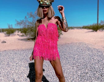 Festival Sequin Fringe Mini Dress Bachelorette Cowgirl Dress Pink Fringe  Dress Rave Outfit Engagement Photoshoot