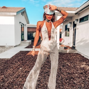 Festival Sequin Rave Flare Fringe Backless Jumpsuit Disco Outfit Bachelorette Dress Engagement Photoshoot  Cowgirl Fringe