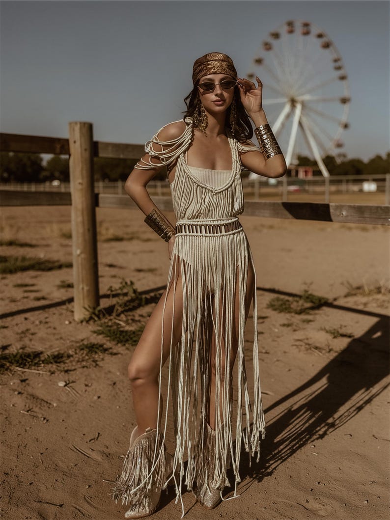 Puede incluir: Vestido de macram&eacute; color crema con flecos y detalles de cuentas. El atuendo incluye botas a juego, un pa&ntilde;uelo estampado y gafas de sol. Una modelo posa frente a una noria, creando un ambiente bohemio.