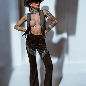 Diamond Fringe Chaps Western Bell Bottom Pants, Suede Like Chaps Pants, Festival Chaps, Country Western Cowgirl Rhinestone Fringe Pants