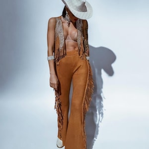 Brown Fringe Western Flare Suede Pants, Chaps Fringe Bell Bottom Pants, Festival Pants, Country Western Cowgirl Outfit