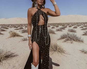Black Pearl Fringed Festival Dress, Pearl Embellished Maxi Dress, Western Cowgirl Dress, Rodeo Wedding Dress, Western Glam Outfit