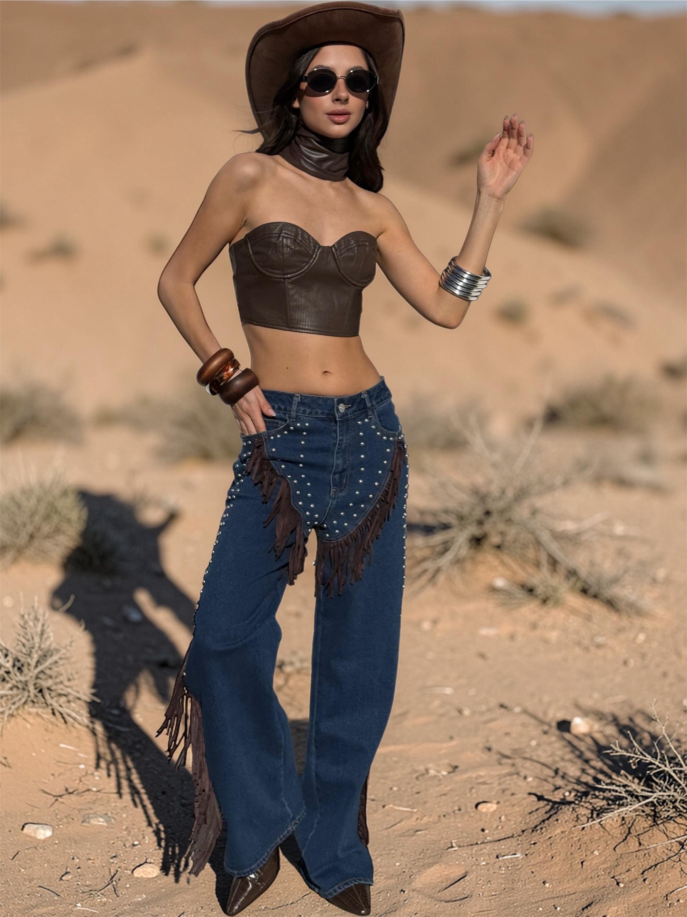 シオンFringe Flared Denim Sサイズ Fringe Denim Chaps, Fringe Flared Cowgirl Pants, Fringe Festival