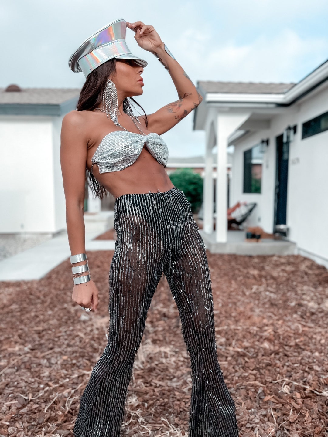 Festival Clothing Sequin Rave Flare Fringe Metallic Pants Western Outfit Bachelorette Dress Engagement Photoshoot Cowgirl Fringe Etsy UK