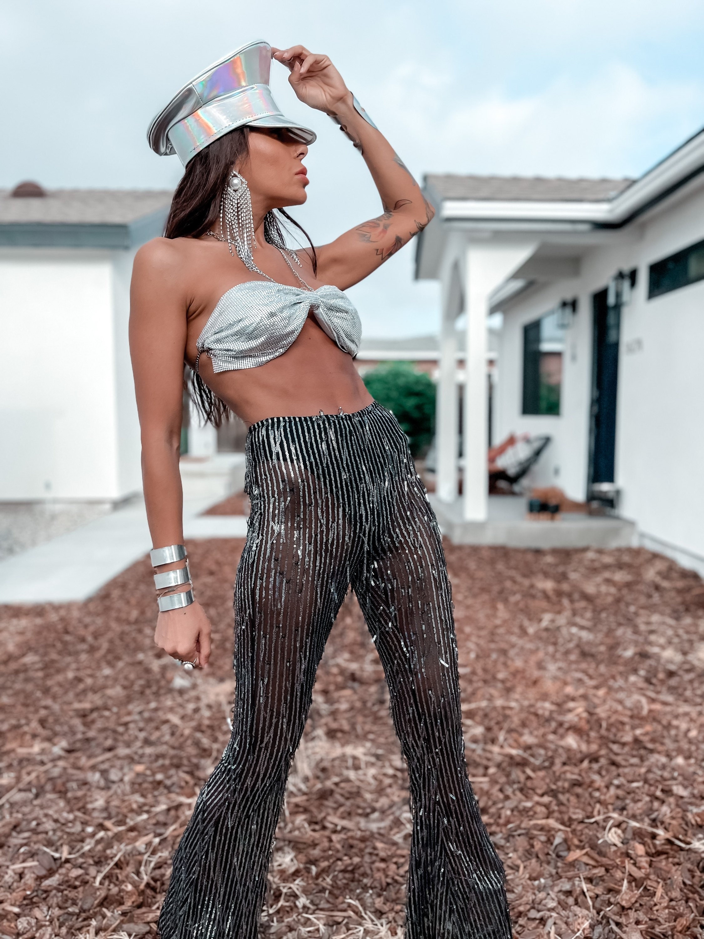 Festival Clothing Sequin Rave Flare Fringe Metallic Pants Western