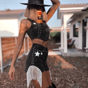Western Denim Black Cowgirl Star Fringe Rave Set Star Top and Shorts Set Bachelorette Outfit Space Cowboy Costume