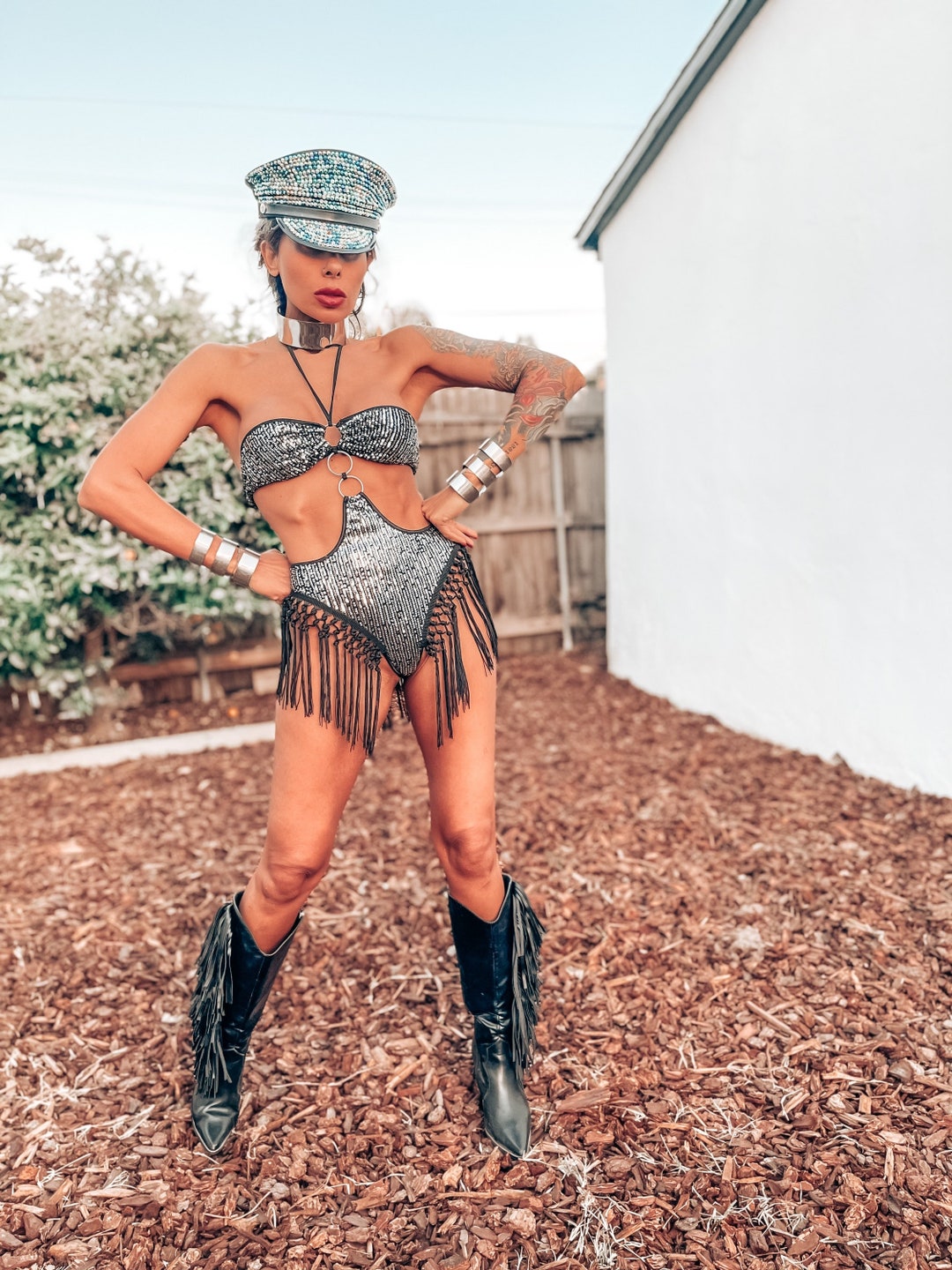 Boho Festival Sequin Fringe Cut Out Bodysuit Bikini Rave Set Outfit Clothing Hippie Costume