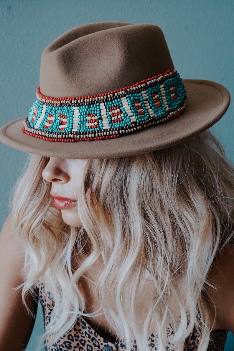 Boho Fedora Hat Bohemian Chic Country Wool Beaded Turquoise Etsy