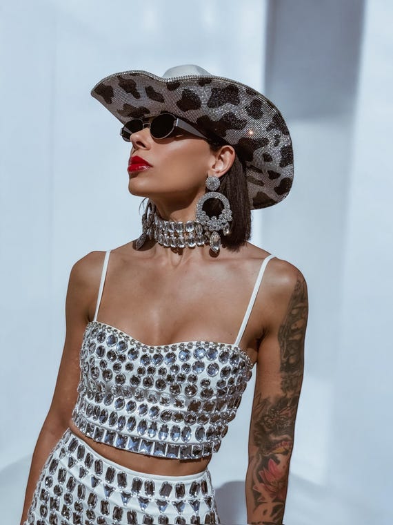 Rhinestone Cow Print Cowboy Hat: Western Glam Festival Hat  display picture 3