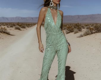 Green Sequin Disco Queen Jumpsuit, Green Bell Bottom Festival Jumpsuit, Green Cowgirl Costume, Disco Queen Costume, Western Glam Outfit