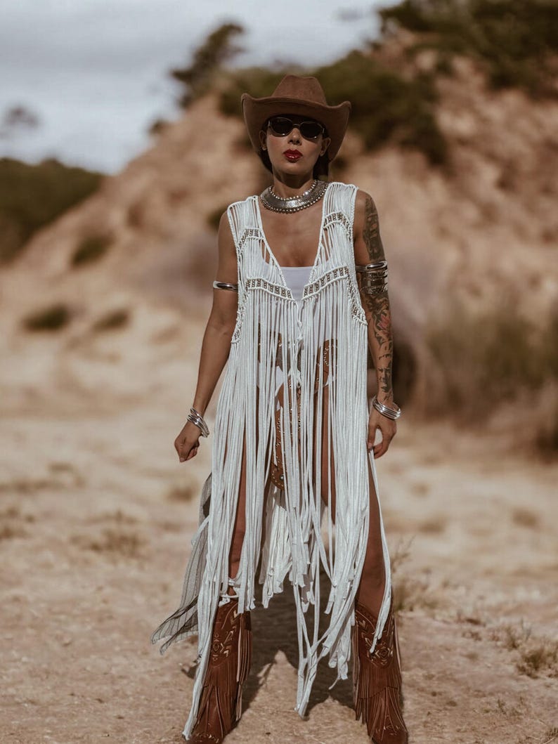White Fringe Macrame Vest, Cowgirl Bridal Fringe Jacket, Western Fringe Vest, Country Girl Cowgirl Vest, Barn Wedding Bridal Outfit image 10
