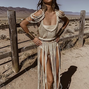 Puede incluir: Vestido de macram&eacute; color crema con flecos. El vestido presenta detalles en los hombros, un corpi&ntilde;o ajustado y una falda con flecos. La modelo lleva gafas de sol y un pa&ntilde;uelo en la cabeza, en un paisaje des&eacute;rtico.