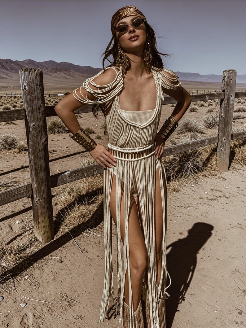 Puede incluir: Vestido de macram&eacute; color crema con flecos. El vestido presenta detalles en los hombros, un corpi&ntilde;o ajustado y una falda con flecos. La modelo lleva gafas de sol y un pa&ntilde;uelo en la cabeza, en un paisaje des&eacute;rtico.