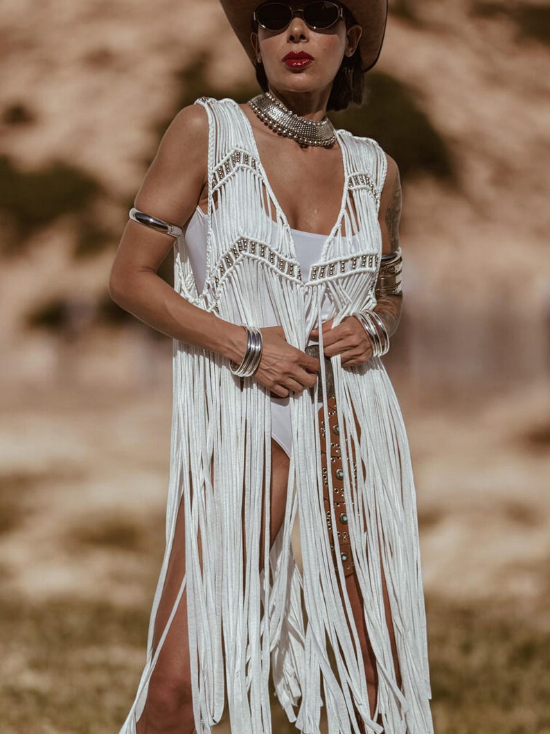 White Fringe Macrame Vest, Cowgirl Bridal Fringe Jacket, Western Fringe Vest, Country Girl Cowgirl Vest, Barn Wedding Bridal Outfit image 4