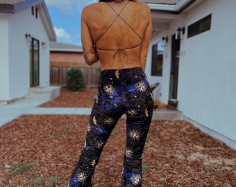 Bohemian Hippie Style Sun and Moon Zodiac Pattern Velvet Two Piece Set Tie Back Triangle Crop Top and Velvet Flare Pants Festival Outfit