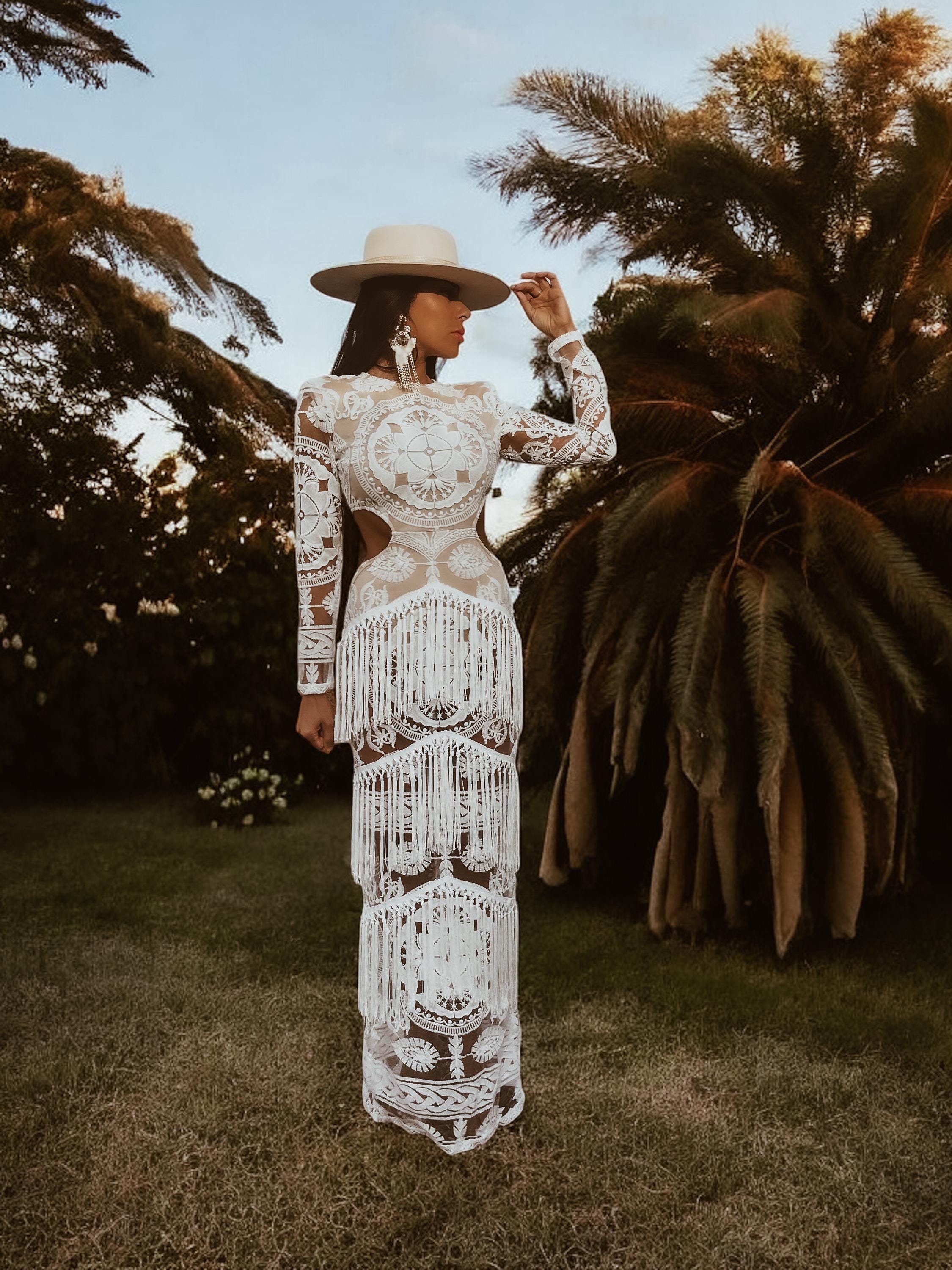 Fringe wedding dress hotsell
