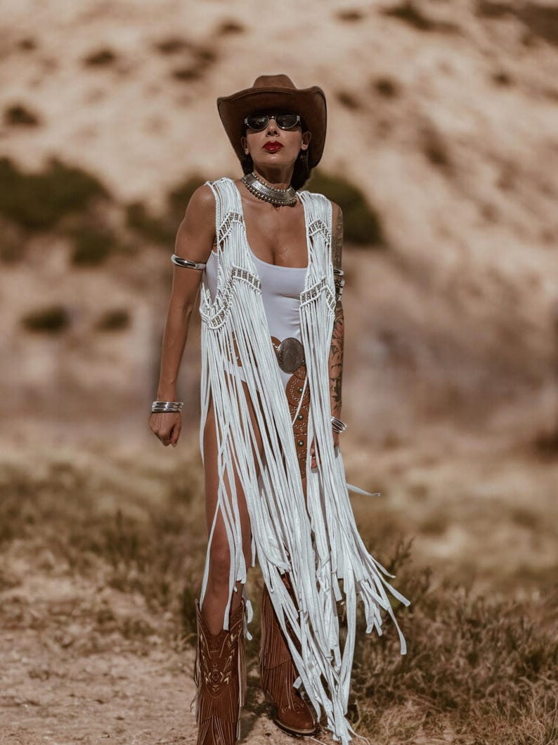 White Fringe Macrame Vest, Cowgirl Bridal Fringe Jacket, Western Fringe Vest, Country Girl Cowgirl Vest, Barn Wedding Bridal Outfit image 8