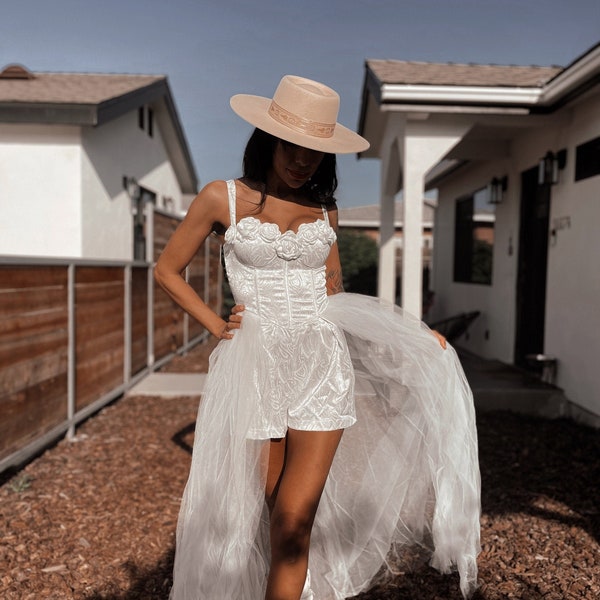 Boho Bridal Romper Wedding Party Gown Bohemian Wedding Reception Dress Bachelorette Party Outfit Elopement Dress Fringe Dress Tulle Bridal