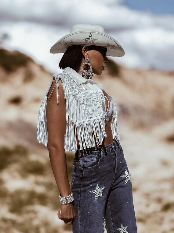 Rhinestone Fringe Denim Vest: White Western Cowgirl Jacket  display picture 2