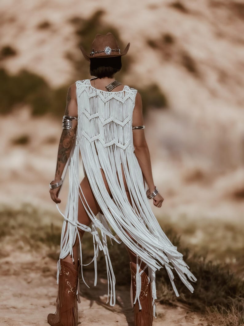 White Fringe Macrame Vest, Cowgirl Bridal Fringe Jacket, Western Fringe Vest, Country Girl Cowgirl Vest, Barn Wedding Bridal Outfit image 6