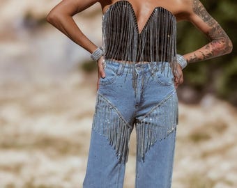 【COLOR iN ID】Fringe Western Neck Pants Unybwonn Fringe Pants Women High Waist Side Tassel Funky
