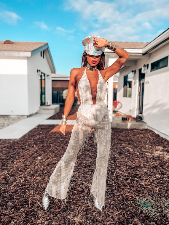 Silver Futuristic Festival – Sequin Jumpsuit Space Rave Catsuit