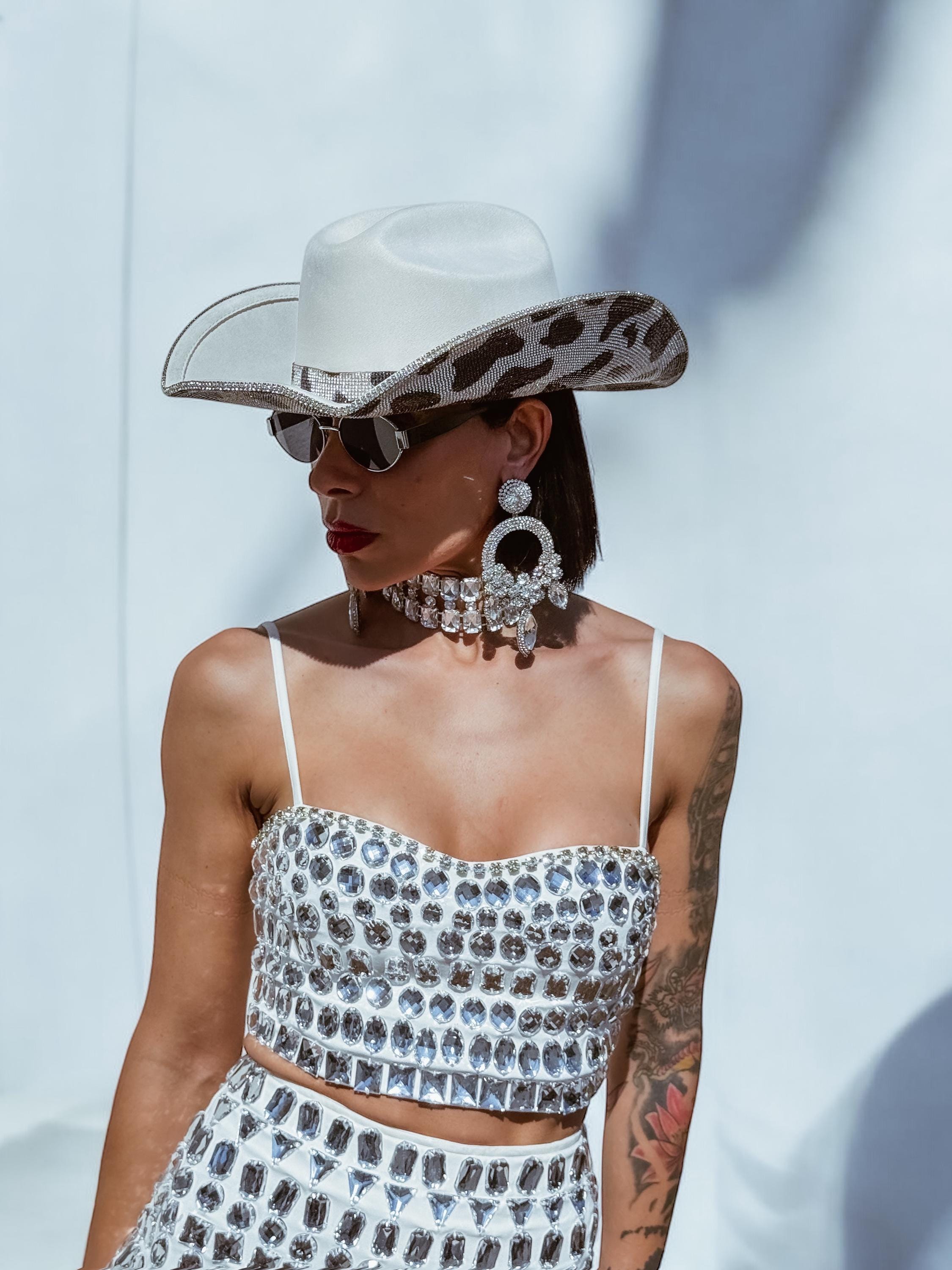 Rhinestone cow print cowgirl hat Cowgirl hat with rhinestone trim – Kay Kountry main image 4