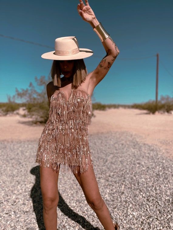 Festival Sequin Fringe Rose Gold Mini Dress Diamond Bachelorette