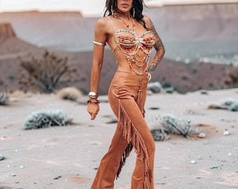 Brown Fringe Flare Western Pants: PU Leather and Faux Suede Chaps Pants, Western Cowgirl Style Chaps Pants, Western Glam Faux Suede Pants