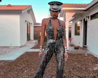 Festival Sequin Disco Flare Fringe Backless Jumpsuit Rave Outfit Bachelorette  Engagement Photoshoot  Cowgirl Fringe Pants Space Cowboy