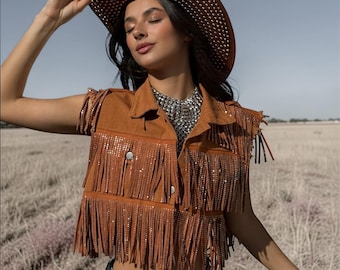 Rhinestone Fringe Denim Vest, Brown Western Cowgirl Jacket, Fringe Festival Jacket, Western Cowboy Vest, Rodeo Outfit Women, Denim Vest
