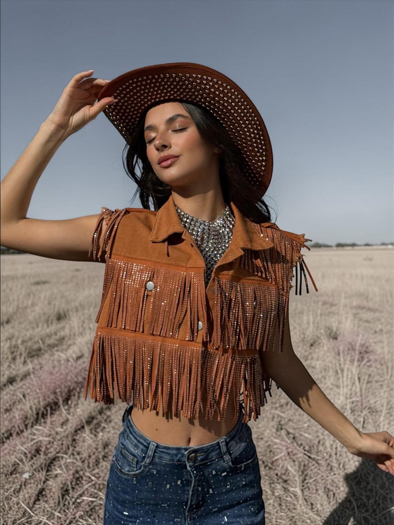 Rhinestone Fringe Denim Vest, Brown Western Cowgirl Jacket, Fringe ...
