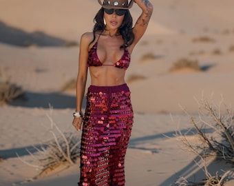 Burgundy Sequin Crochet Festival Set, Disco Cowgirl Outfit, Crochet Bikini Skirt Set, Desert Goddess Festival Set, Crochet Rave Bikini Set