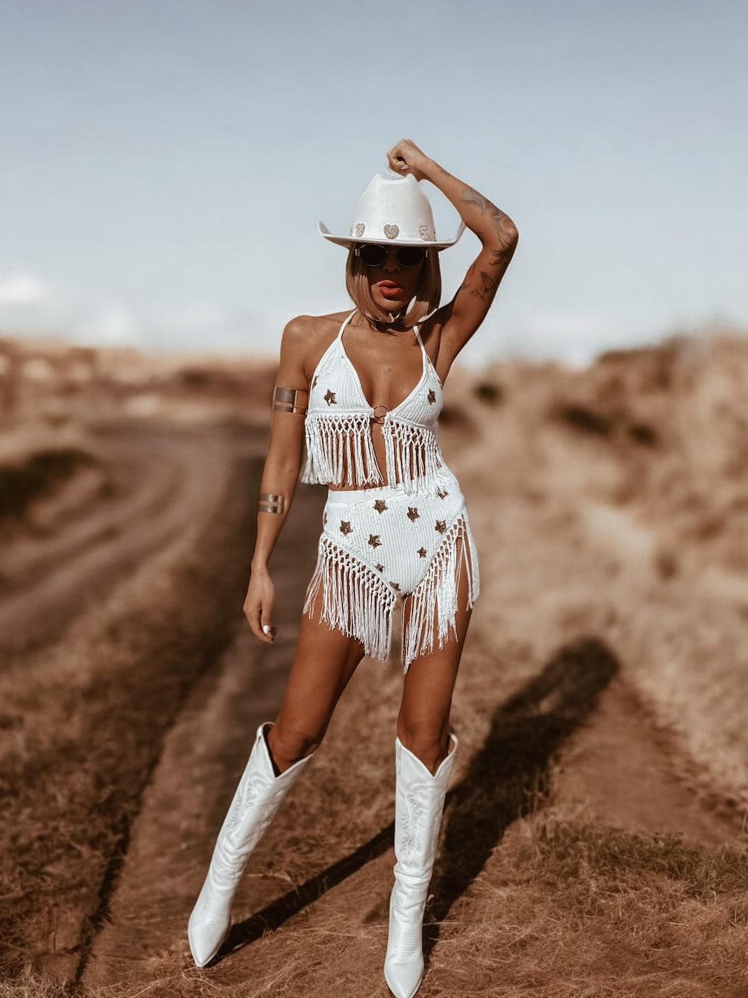 Disco Cowgirl Themed Party Outfits White Gold Sequin Fringed