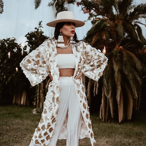 Matte Gold Fringe Sequin Maxi Kimono Festival Rave Gold Jacket Boho Kimono Goddess Gold Metallic Maxi Coat Duster Gold Costume Bridal Jacket