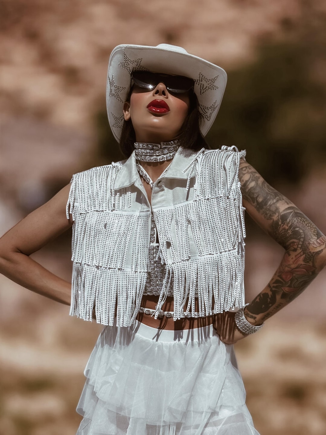Rhinestone Fringe Denim Vest: White Western Cowgirl Jacket