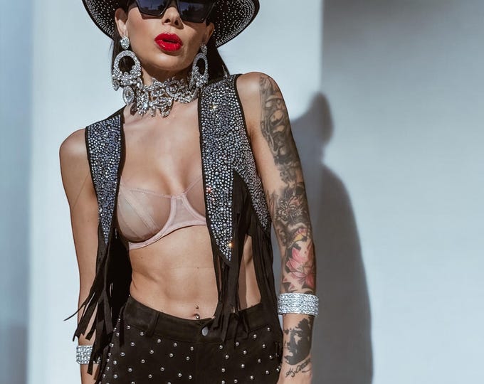 Rhinestone Fringe Suede Vest: Western Cowgirl Glam Jacket