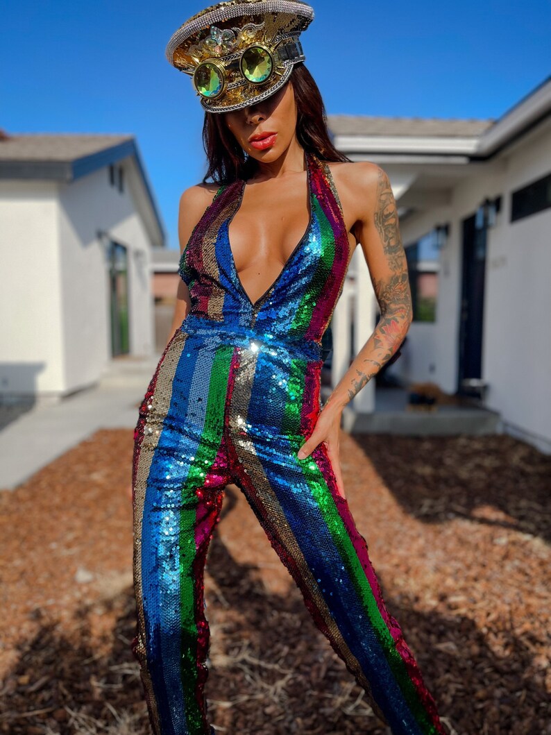 Festival Rave Pride Backless Sequined Rainbow Jumpsuit for Rave Boho 4th of July Outfit Country Festival Clothing Desert Hippie 