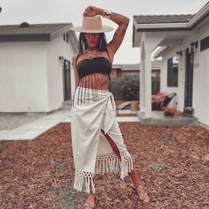 Bohemian Cotton Wrap Midi High Slit Skirt Fringe Detailed Ethnic Bali Tulum Festival Desert Western Outfits