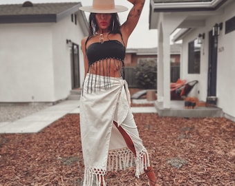 Bohemian Cotton Wrap Midi High Slit Skirt Fringe Detailed Ethnic Bali Tulum Festival Desert Western Outfits