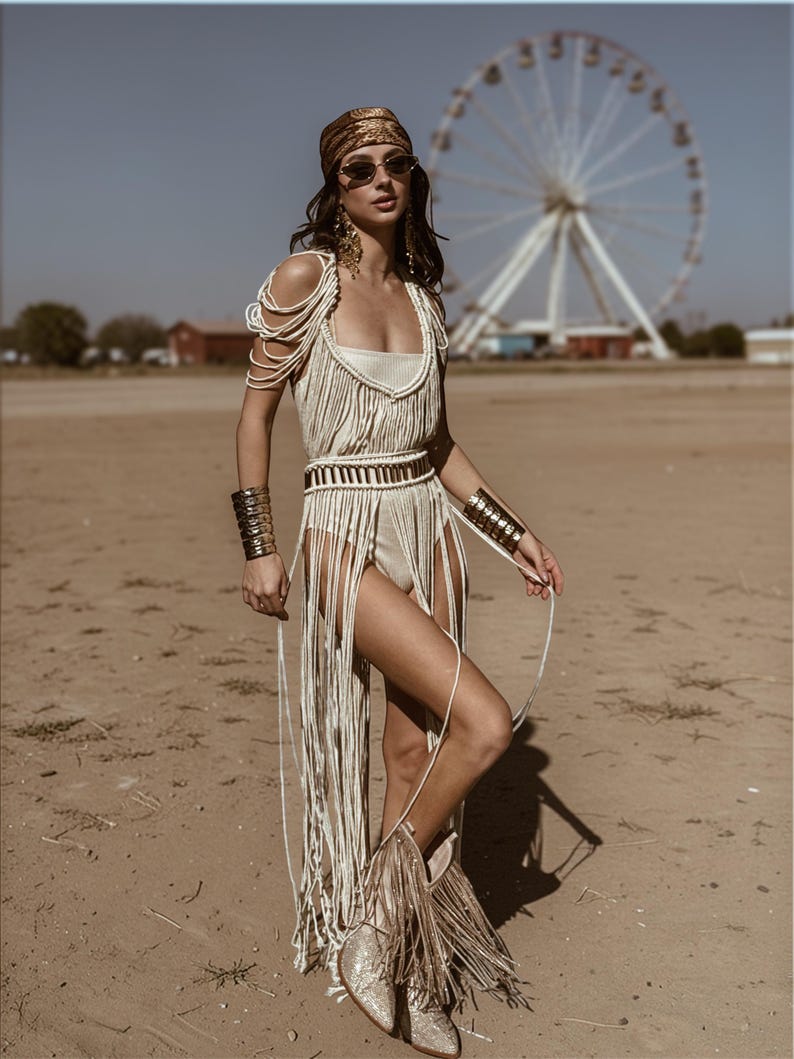 Top de macramé con cuentas doradas estilo diosa, vestido de macramé con flecos, vestido Cleopatra para Burning Man, atuendo de reina del desierto, atuendo para festival rave. imagen 2